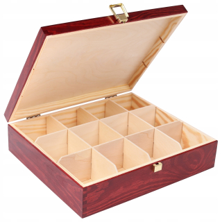 Nádoba na potraviny - Drevená krabička na čaj Creative Deco Burgundy Lacquer Wood, 12 priehradiek